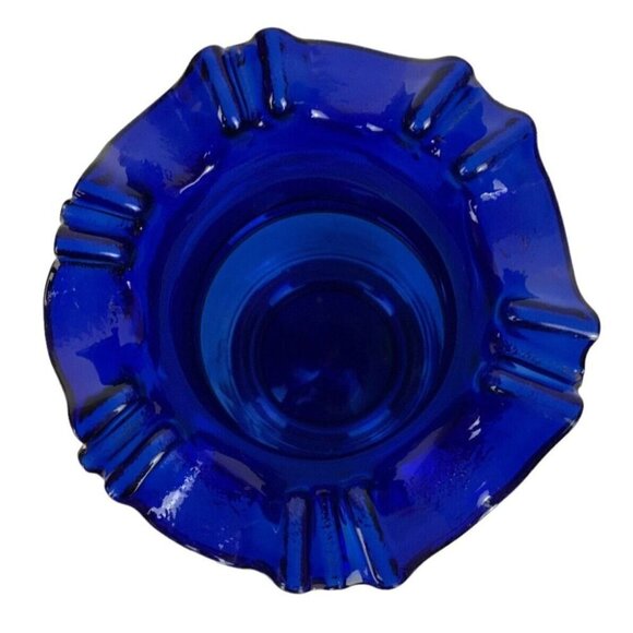 Cobalt Blue Art Glass Vase Hand Painted Flowers Ruffled Edge Vintage - Picture 6 of 7